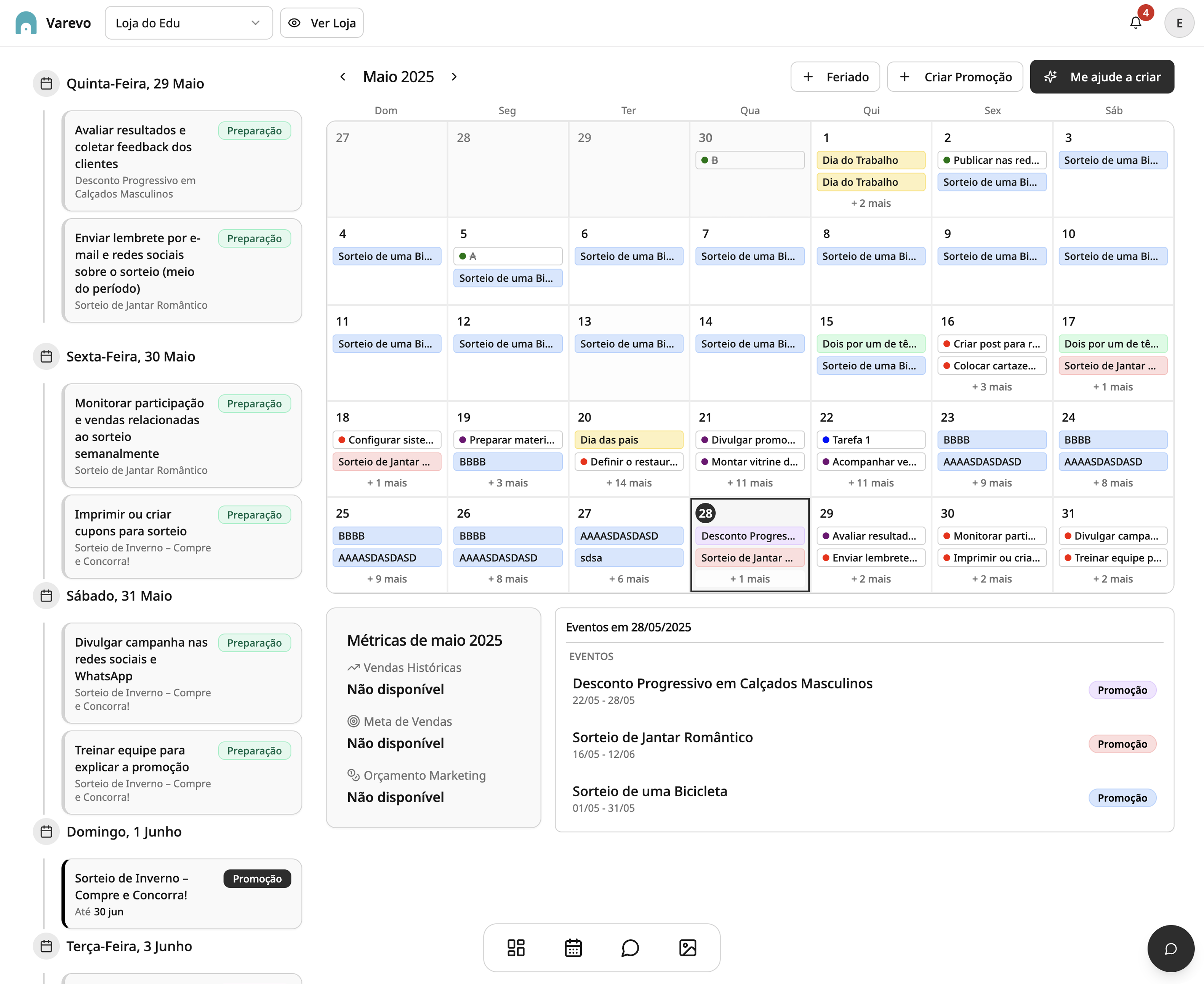 Interface da Varevo exibindo Calendário de Marketing para lojistas