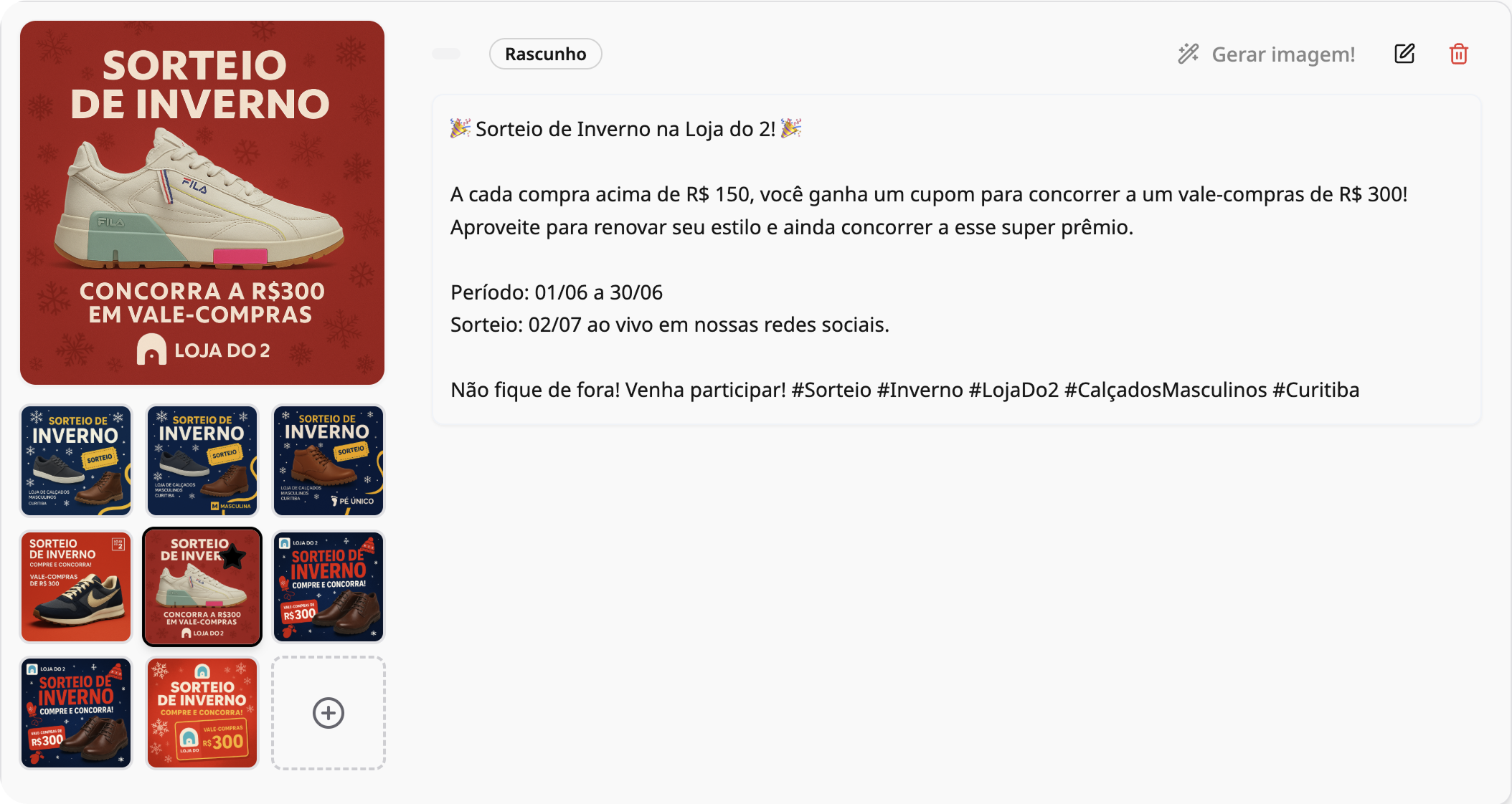 Interface da Varevo exibindo Criação de Posts para lojistas